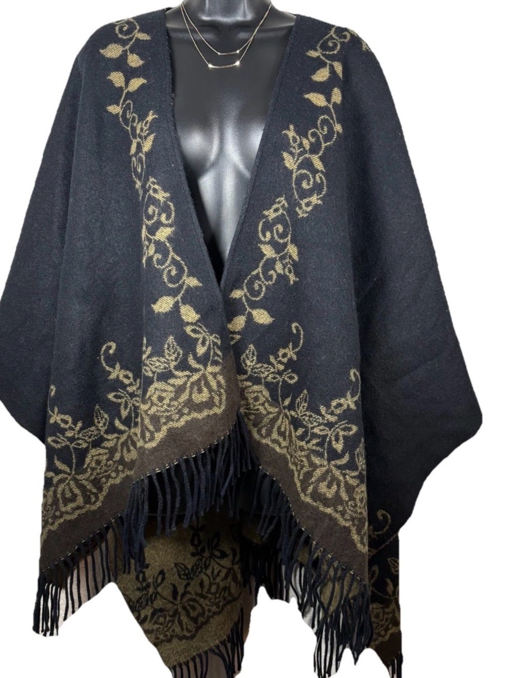 Black & Gold Floral Fringe Shawl Poncho 100% Cashmere